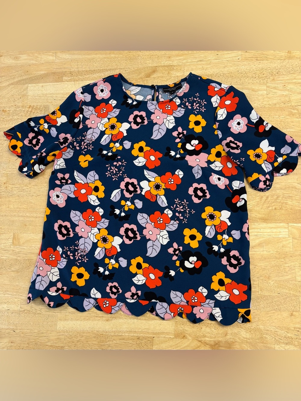 Victoria Beckham Navy Floral Print Blouse w/Scalloped Sleeves and Hem